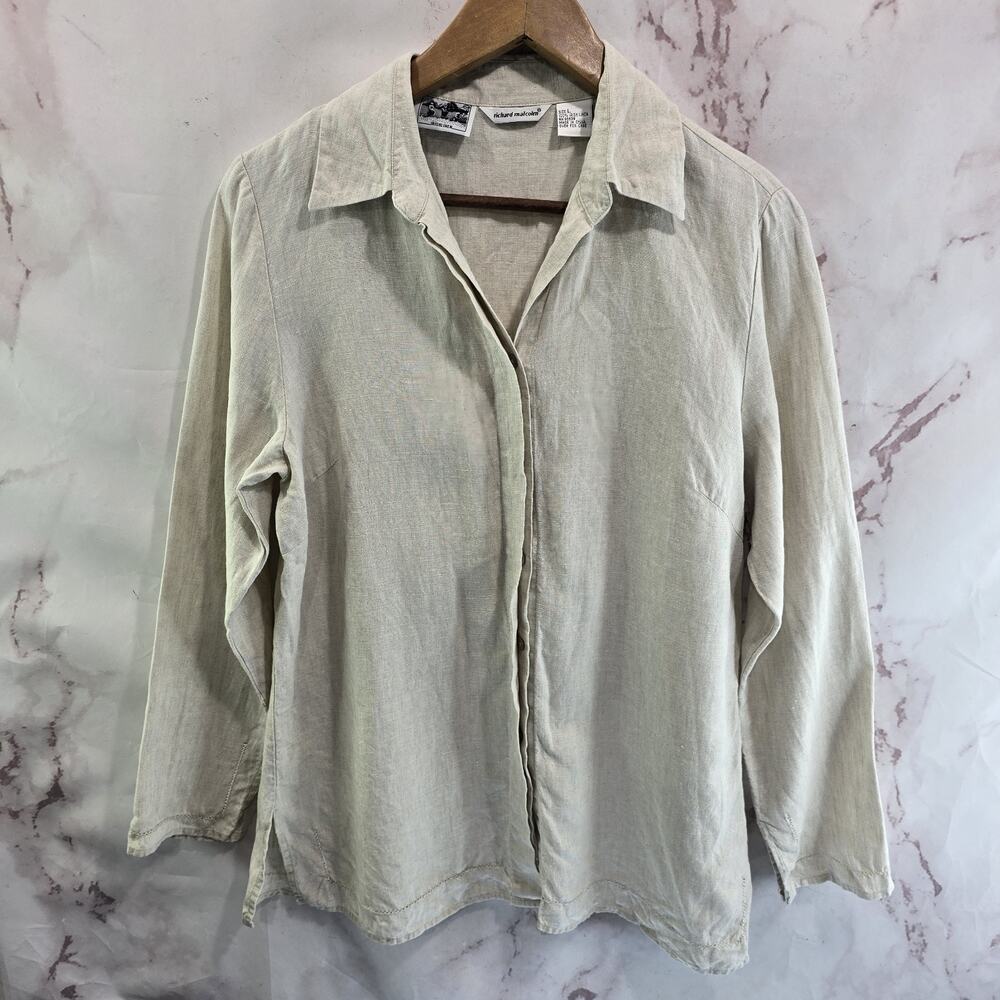Vintage Linen Shirt Womens Medium Beige Button Embroidered Slit Sleeve Richard